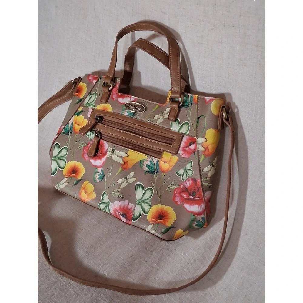 MultiSac Floral Butterfly Dragonfly Satchel Crossbody Handbag Tan Multi Pocket